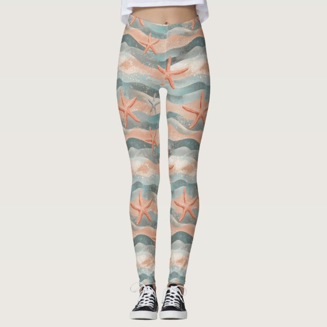Coastal Starfish on Aqua Sand Waves Pattern (3) Leggings (Front)