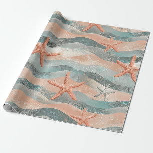 Coastal Starfish on Aqua Sand Waves Pattern (3) Wrapping Paper
