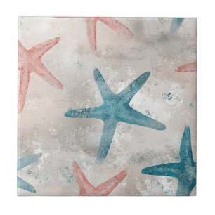 Coastal Starfish on Aqua Sand Waves Pattern (4) Tile