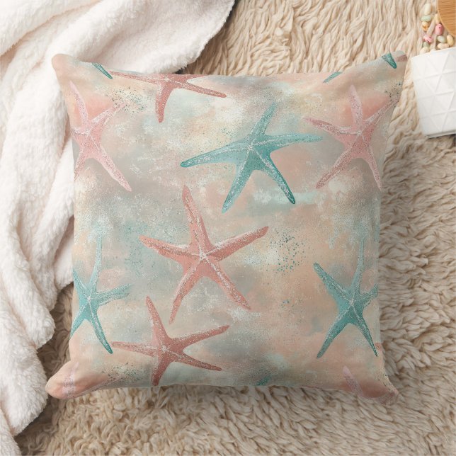 Coastal Starfish on Aqua Sand Waves Pattern (5) Cushion (Blanket)