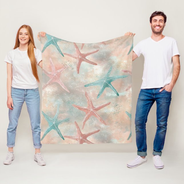 Coastal Starfish on Aqua Sand Waves Pattern (5) Fleece Blanket (In Situ)