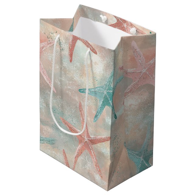 Coastal Starfish on Aqua Sand Waves Pattern (5) Medium Gift Bag (Front Angled)