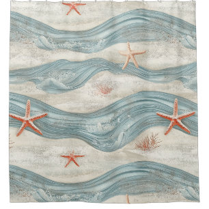 Coastal Starfish on Aqua Sand Waves Pattern (6) Shower Curtain