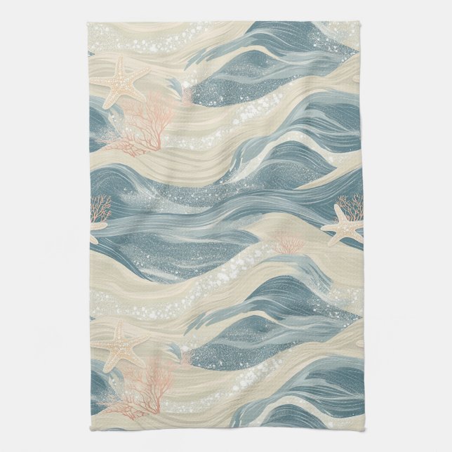 Coastal Starfish on Aqua Sand Waves Pattern (6) Tea Towel (Vertical)