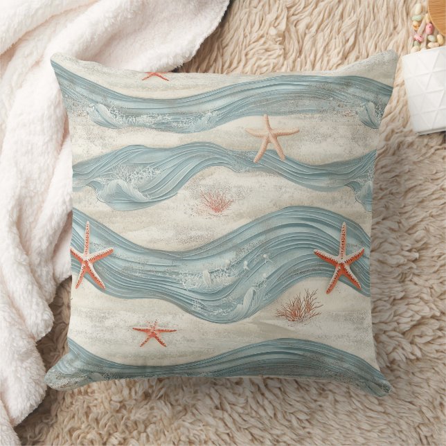 Coastal Starfish on Aqua Sand Waves Pattern (7) Cushion (Blanket)
