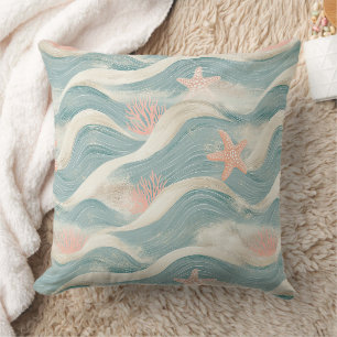 Coastal Starfish on Aqua Sand Waves Pattern (8) Cushion
