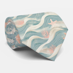 Coastal Starfish on Aqua Sand Waves Pattern (8) Tie