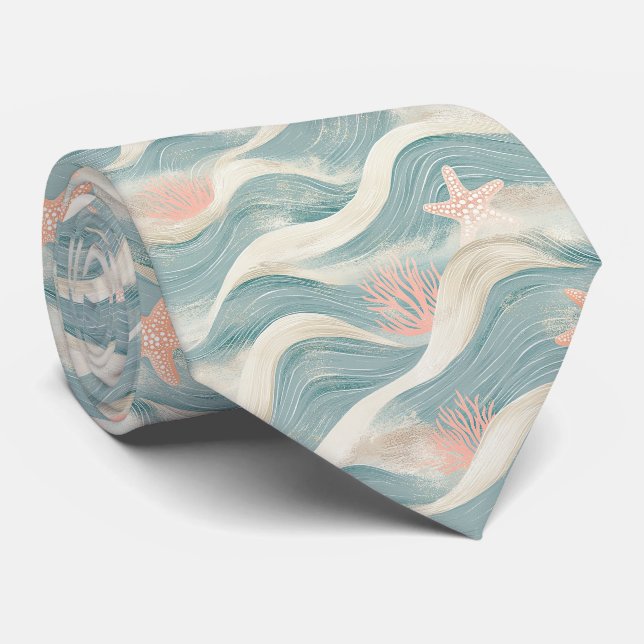 Coastal Starfish on Aqua Sand Waves Pattern (8) Tie (Rolled)