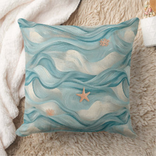 Coastal Starfish on Aqua Sand Waves Pattern (9) Cushion