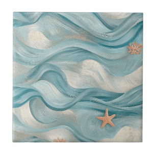 Coastal Starfish on Aqua Sand Waves Pattern (9) Tile