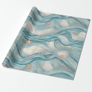 Coastal Starfish on Aqua Sand Waves Pattern (9) Wrapping Paper