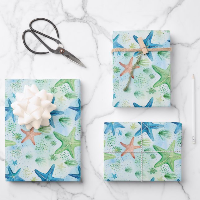 Coastal Starfish Pattern  Wrapping Paper Sheet (Front)