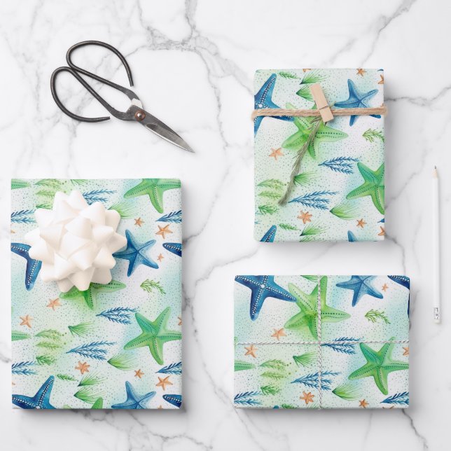 Coastal Starfish Pattern  Wrapping Paper Sheet (Front)