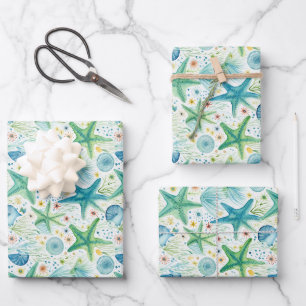 Coastal Starfish Pattern Wrapping Paper Sheet