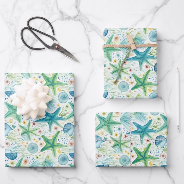 Coastal Starfish Pattern  Wrapping Paper Sheet (Front)
