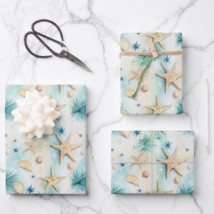 Coastal Starfish Pattern Wrapping Paper Sheet