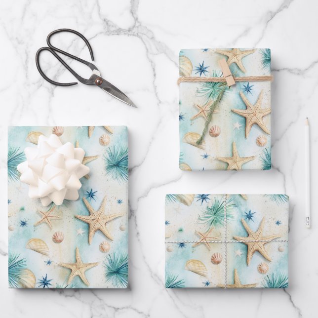 Coastal Starfish Pattern  Wrapping Paper Sheet (Front)