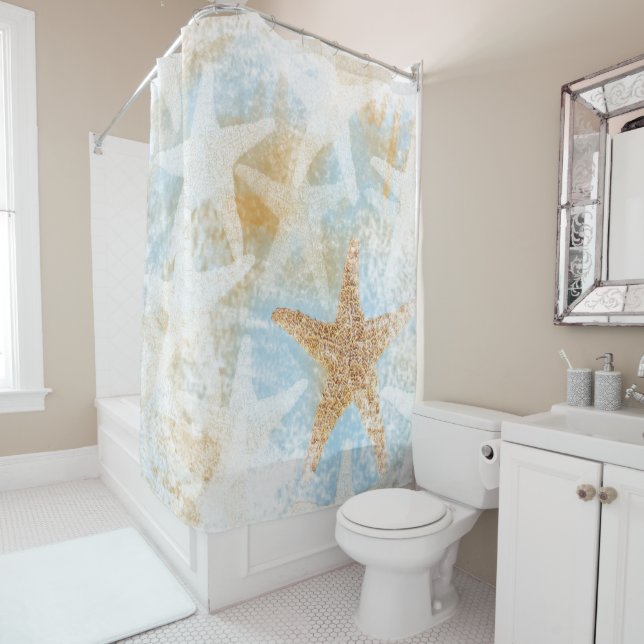 Coastal Starfish Print Shower Curtain (In Situ)