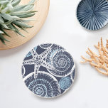 Coastal Starfish Shell Blue White Coaster<br><div class="desc">A Striking Modern Coastal Starfish and Spiral Sea Shells Blue and White Sandstone Coaster. This design features the a beautiful design inspired by the spiral patterns shells and starfish. The design on this drink coaster was created by Totally Coast designer, Jillee K. Please feel free to click on "Message" below...</div>