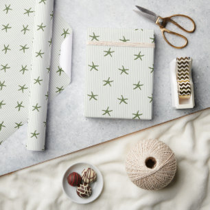 Coastal Starfish & Stripe Mediterranean Deep Olive Wrapping Paper