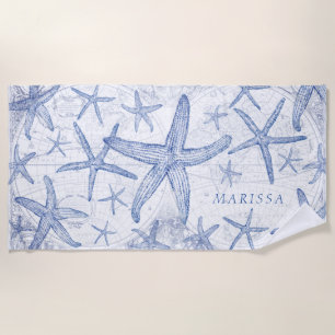 Coastal Starfish World Map Monogrammed Name Beach Towel