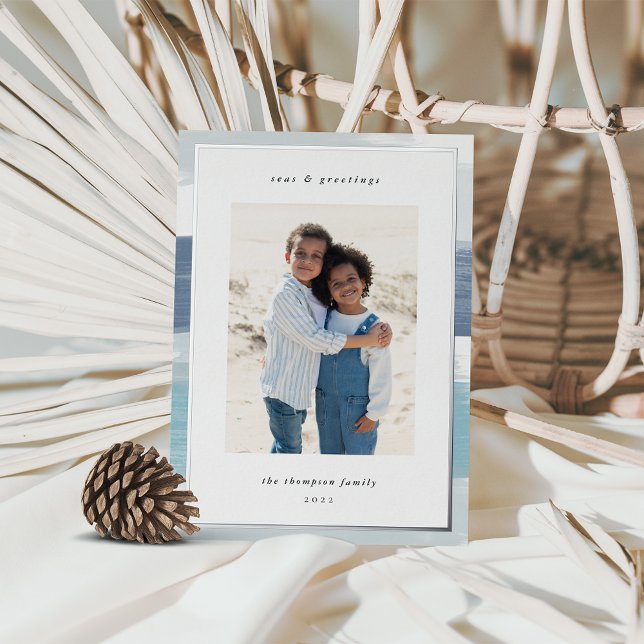 Coastal Stripe Border | Christmas Photo Silver Foil Holiday Card (Creator Uploaded)