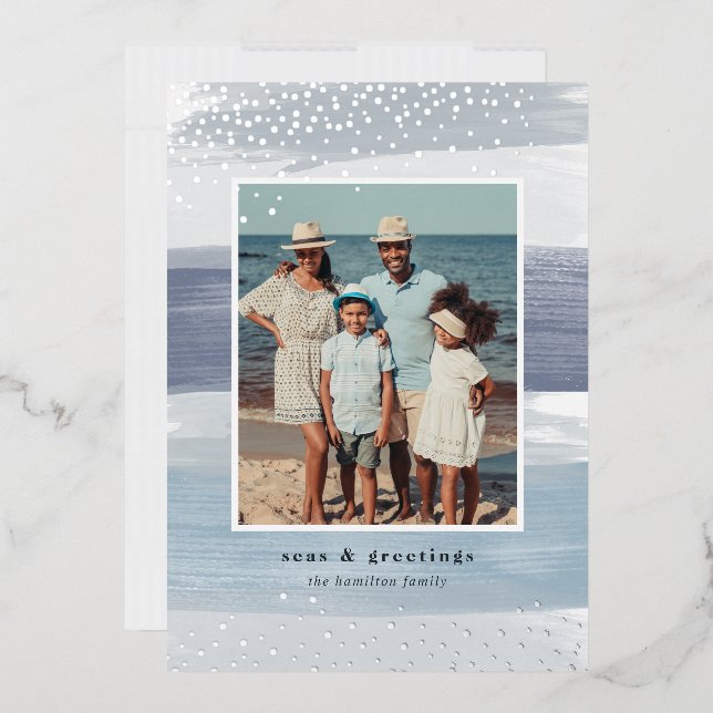 Coastal Stripe | Vertical Photo Christmas Foil Holiday Card (Envelope)