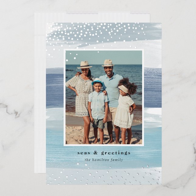 Coastal Stripe | Vertical Photo Christmas Foil Holiday Card (Envelope)