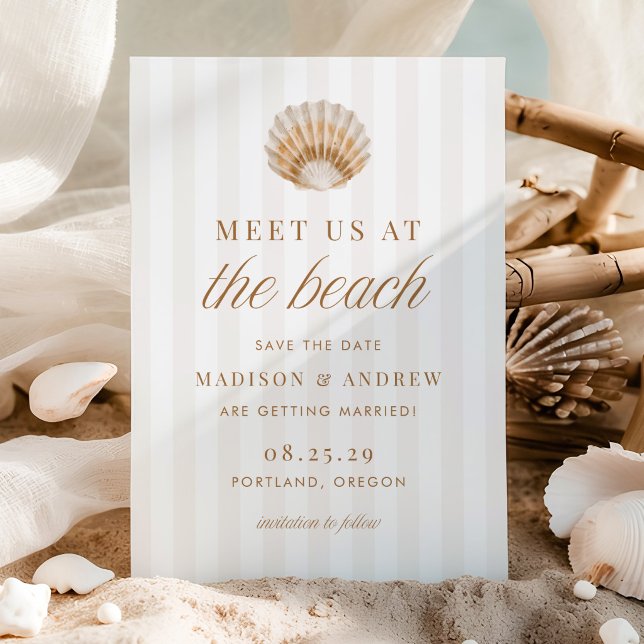 Coastal Stripes Shell Beach Wedding Save The Date (Creator Uploaded)