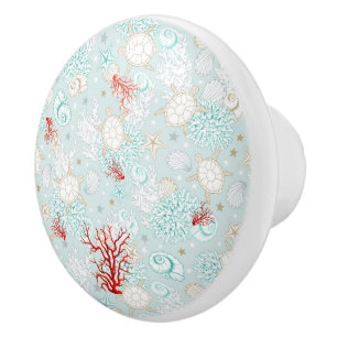 Coastal style beautiful turquoise red coral ceramic knob