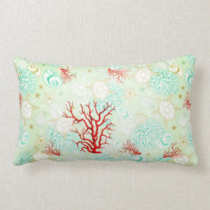 Coastal style beautiful turquoise teal red coral lumbar cushion