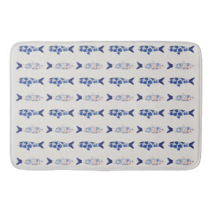 Coastal Style Blue Fish Pattern Shower Curtain Bath Mat