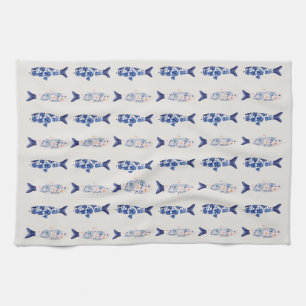 Coastal Style Blue Fish Pattern Shower Curtain Tea Towel