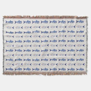 Coastal Style Blue Fish Pattern Shower Curtain Throw Blanket