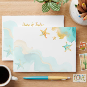 Coastal Summer Beach Aqua & Gold Starfish Wedding Envelope