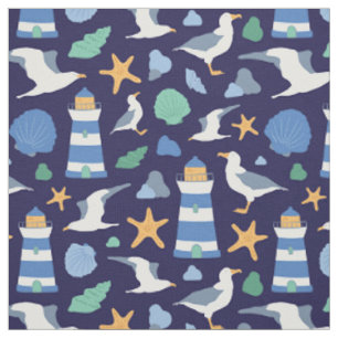 Coastal Summer Beach Lighthouse Nautical Dark Blue Fabric