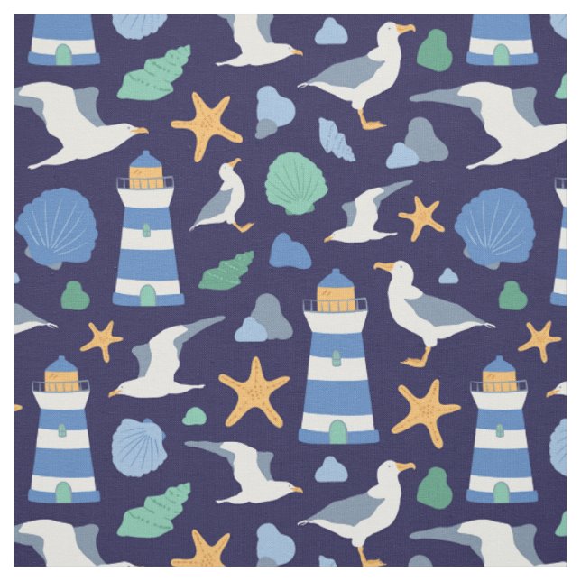 Coastal Summer Beach Lighthouse Nautical Dark Blue Fabric (Swatch)