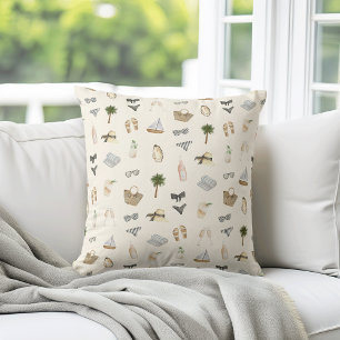 Coastal Summer Getaway Neutral Watercolor Pattern Cushion