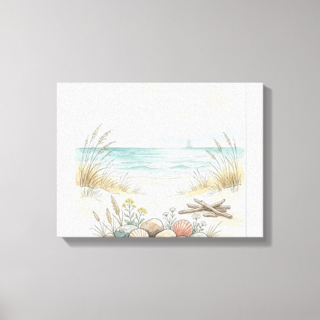 Coastal Summer Serenity – Hand-Drawn Beach Shells  Canvas Print (Front)