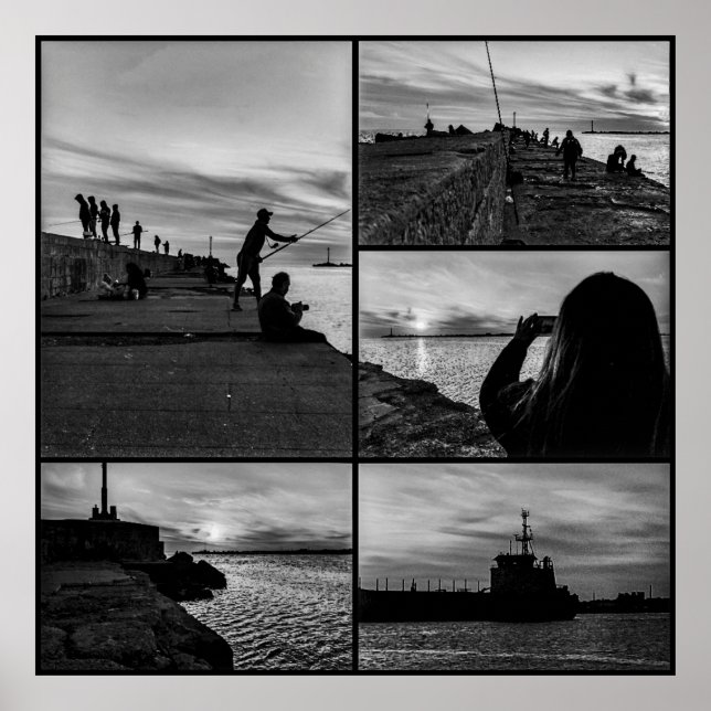 Coastal sunset black and white scene collage poster (Front)