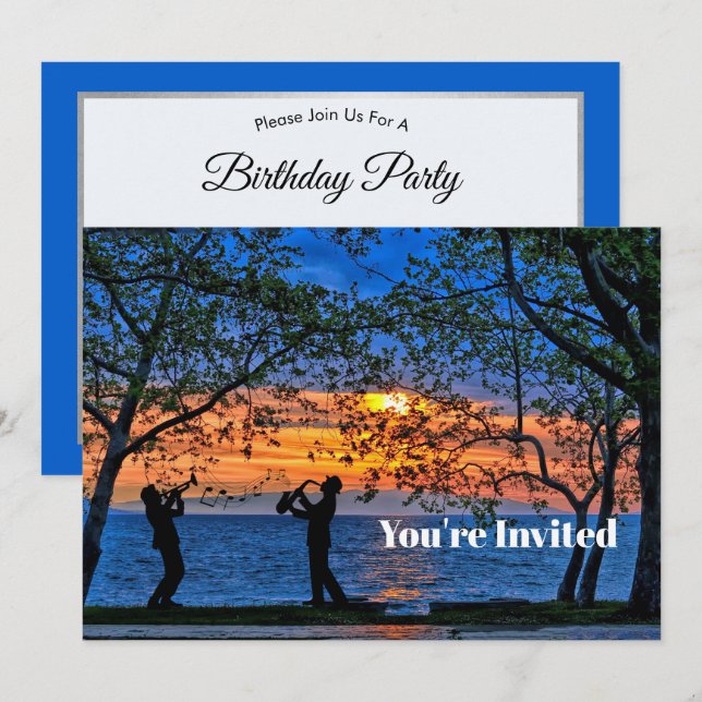 Coastal Sunset Musicians Silhouette Birthday Invitation (Front/Back)