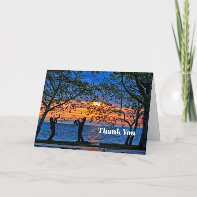 Coastal Sunset Musicians Silhouette Thank You Card (Front)
