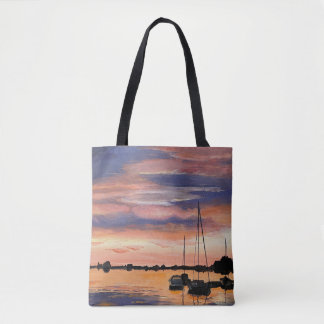 Coastal Sunset over water painting tote bag