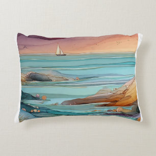Coastal Sunset Serenity – Watercolor Ocean Seascap Decorative Cushion
