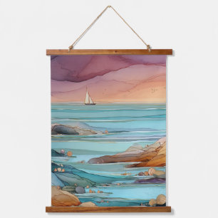 Coastal Sunset Serenity – Watercolor Ocean Seascap Hanging Tapestry