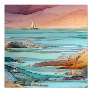 Coastal Sunset Serenity – Watercolor Ocean Seascap Photo Print