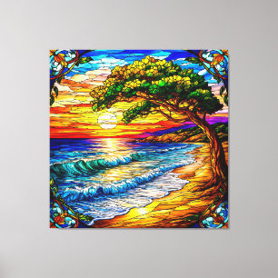 Coastal Sunset with Waves and a Tree Canvas Print