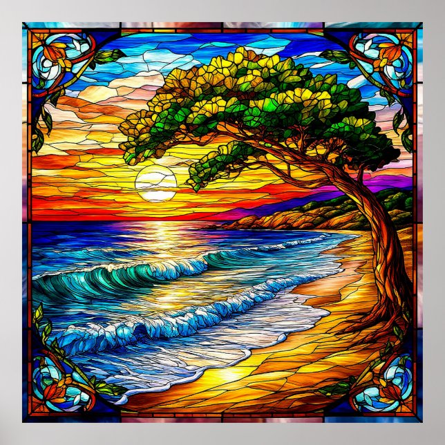 Coastal Sunset with Waves and a Tree Poster (Front)