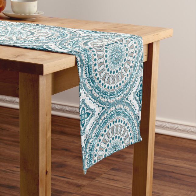 Coastal Teal and Sand Ocean-Inspired Mandala Medium Table Runner (In Situ)