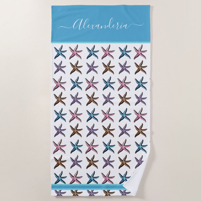 Coastal Teal  aqua blue pink purple starfish Beach Towel (Front)